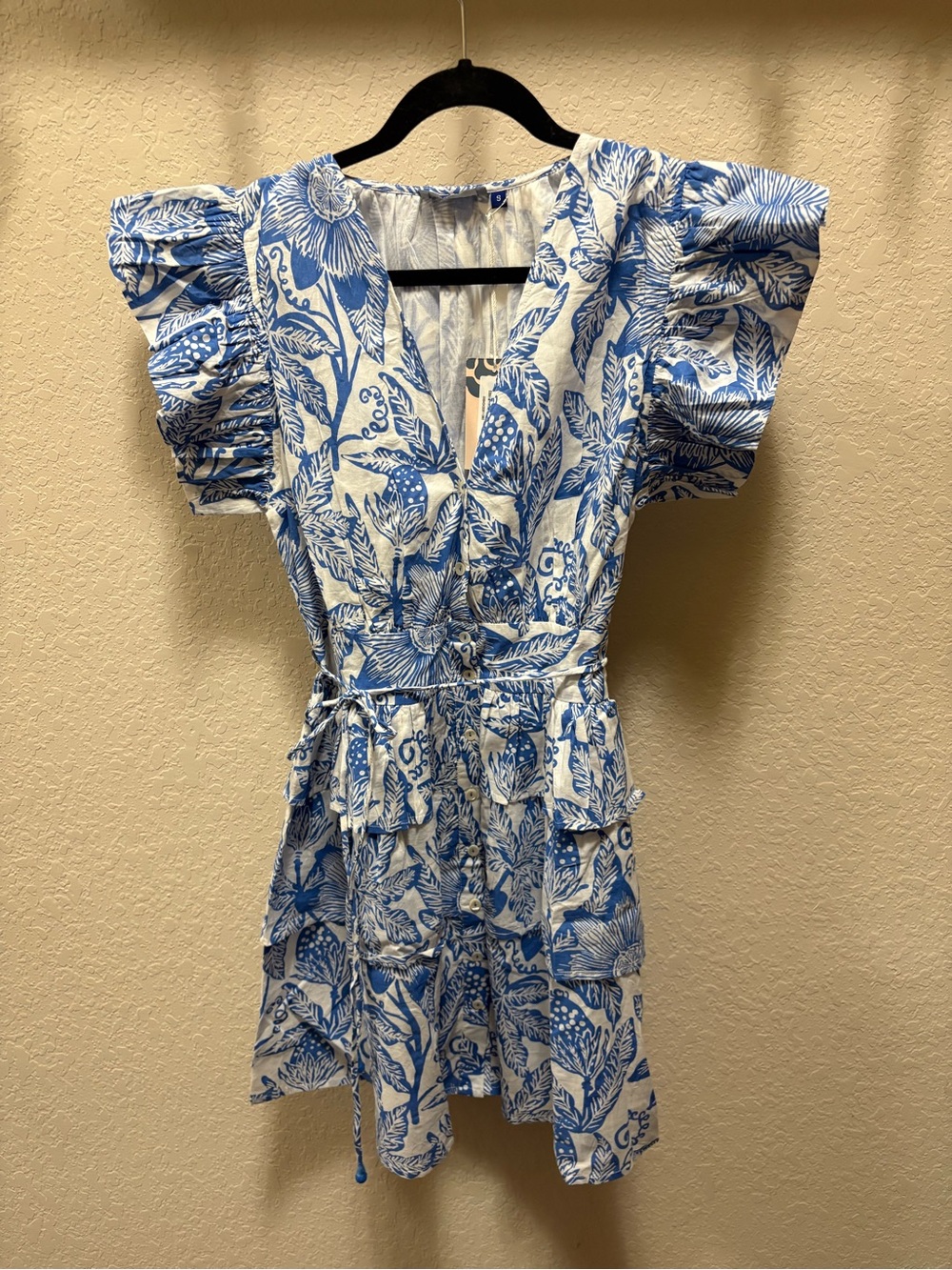 Blue & White Floral Print Mini Dress with Tie Waist